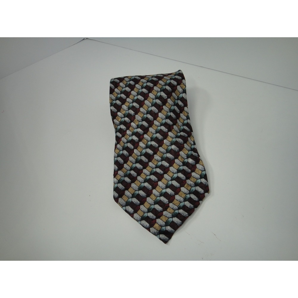 Pierre Balmain Couture Men's 100% Silk Tie Burgundy Gold Geometric Pattern Korea